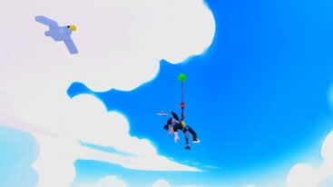 Roblox Balloon Boy Avatar Wearing Silver Helmet And Claw Arm Holding Onto A Green Balloon As Seagul Flies By