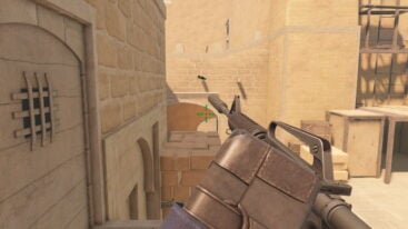 Roblox Bloxstrike A First Person Perspective Of A Hand Holding A M4 Gun In A Desert Themed Map