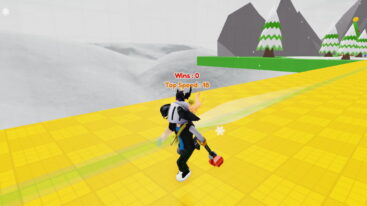 Roblox Christmas Race Avatar Wearing Silver Helmet And Claw Arm Racing Down A Yellow Track With Snow Covered Trees In The Background