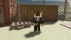Roblox Deadly Delivery Avatar Wearing Silver Helmet With Giant Left Arm Standing Near Brown Container And Wooden Pallets