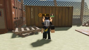 Roblox Deadly Delivery Avatar Wearing Silver Helmet With Giant Left Arm Standing Near Brown Container And Wooden Pallets