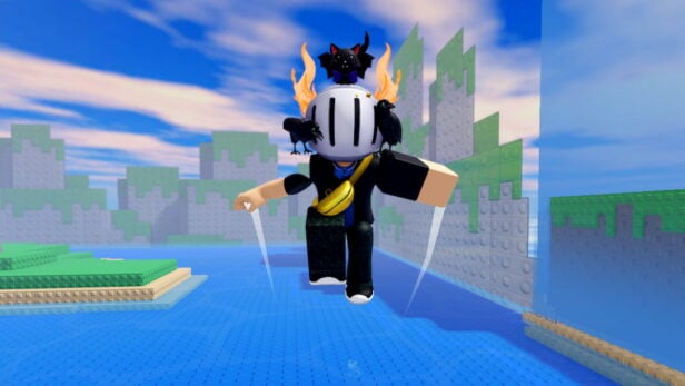 Roblox Detonate Codes Christmas June 2026 Try Hard Guides Roblox Detonate Avatar Wearing Silver Helmet With Bat Cat On Top With Fire Flying Through The Air With White Wind Lines Under Arms Over Water 616x347 