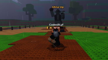 Roblox Dig And Prospect Avatar Wearing Silver Helmet Holding A Shovel And Digging Into Dirt As A Statue Stands Behind That Reads Mine Up