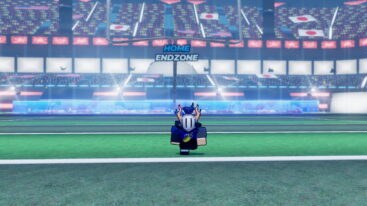Roblox Endzone Strike Avatar Wearing Silver Helmet And Blue Sports Strip Running Down The Field In A Stadium Filled With People And Lights