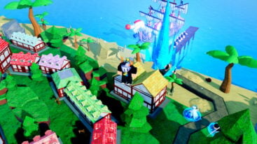 Roblox Final Fates Tower Defense Avatar Wearing Silver Helmet Standing On Yellow Roofed Building Near A Tall Ice Pillar As Enemies Appear From A Pirate Ship