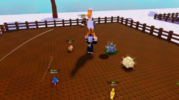 Roblox Hatch A Bird Avatar Holding A White Pelican Above Head As Other Birds And Eggs Roam Free In Dirt Fenced Enclosure