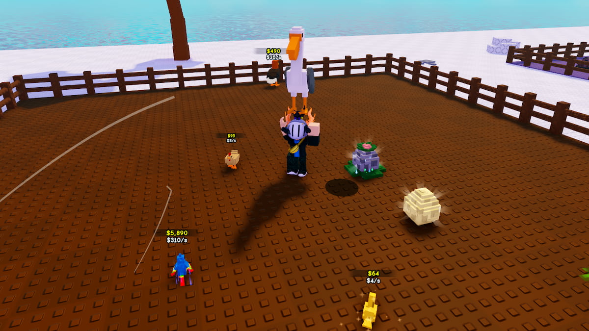 Hatch A Bird Codes June 2026 Try Hard Guides Roblox Hatch A Bird Avatar Holding A White Pelican Above Head As Other Birds And Eggs Roam Free In Dirt Fenced Enclosure 