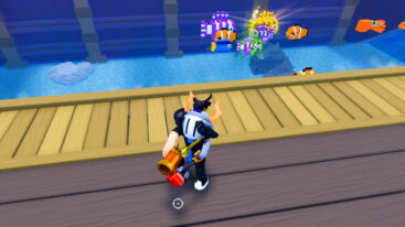 Roblox Hunt Giant Fish Avatar Wearing Silver Helmet Holding A Rusty Gun As Giant Fish Swim By In The Water Behind