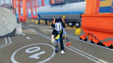 Roblox Killer Mystery Avatar Wearing Silver Helmet And Claw Arm Holding A Silver Fun Near 10 Sign On Floor And Oil Tanker Behind