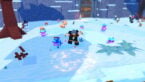 Roblox Loot Up Avatar Jumping In The Air Over Snow Wielding Dual Daggers As Pink Slimes Roam Around Behind
