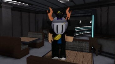 Roblox Massacre Avatar Wearing Silver Helmet With Black Animals On Top Staring At The Floor Standing On A Wooden Table