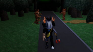 Roblox Nightshift Tower Defense Avatar Wearing Silver Helmet And Claw Arm Standing On Black Road As Three Freddy Fazbears Getting Ready To Attack From The Forest