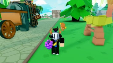 Roblox Pet Capture Adventure Avatar Wearing Silver Helmet Holding Purple Grapes In Right Hand As Giant Blue Elephant Pulling Cart On The Left And A Fire Monster Behind