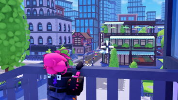 Roblox Rabbids Takeover Avatar With Pink Hair Holding A Paintball Near A Banister Overlooking A Town Roads Skyscrapers