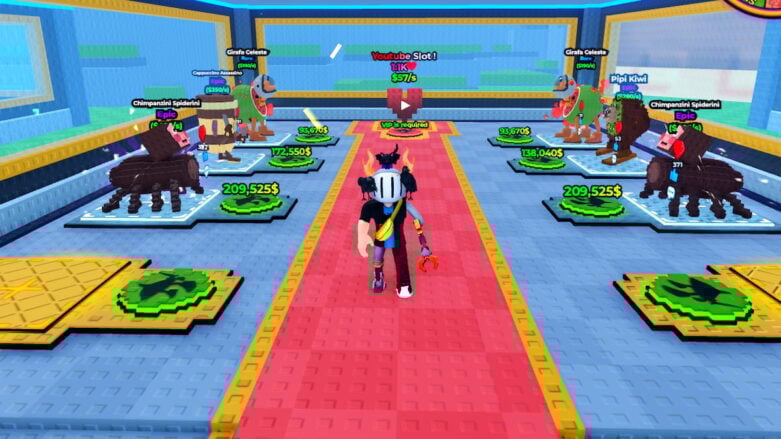 Roblox Scroll A Brainrot Avatar Wearing Silver Helmet And Claw Arm Standing In Room Of Brainrots