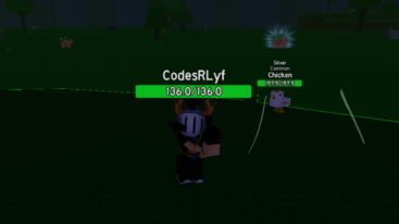 Roblox Untitled Skill Upgrade Game Avatar Wearing Silver Helmet Swinging A Sword In A Green Dome With Silver Common Chicken Behind And A Shiny Pig