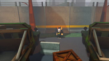 Roblox Walk Or Die Avatar In Between Two Rusty Green Cards And A Gray Barricade