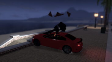 Roblox Wanted Red Car Driving Into A Lamp Post On Near A Ramp Leading To The Beach And Ocean