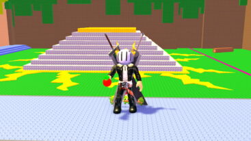 Roblox 1 Food Every Second Avatar Wearing Silver Helmet Black Clothing And Two Massive Swords On Back Holding An Apple Near A Stone Step Pyramid