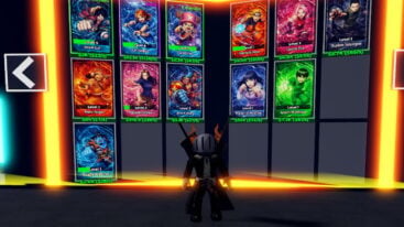Roblox Anime Card Collection Avatar Wearing Silver Helmet Dressed In Black With Two Giant Swords On Back Standing Before Anime Cards Earning Money