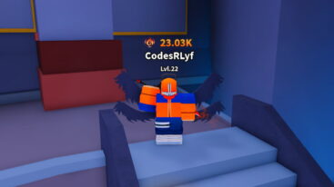 Roblox Anime Loot Odyssey Avatar Wearing Orange Chainsaw Smiling Mask Orange Blue Outfit With Black Wings