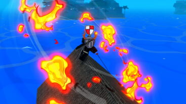 Roblox Anime Volt Avatar Wearing Silver Helmet Dressed In Black Standing On Top Of Tiled Roof Swinging Fire Sword With Flame Effects