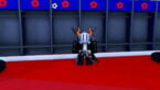 Roblox Blue Lock Recreation Avatar Wearing Silver Helmet Black Clothes With Two Massive Swords On Back Standing Near Lockers On Red Carpet