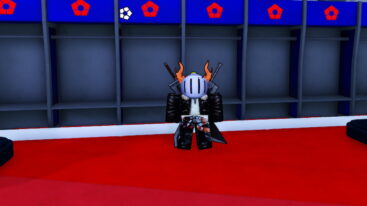 Roblox Blue Lock Recreation Avatar Wearing Silver Helmet Black Clothes With Two Massive Swords On Back Standing Near Lockers On Red Carpet
