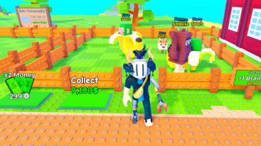 Roblox Build A Brainrot Farm Avatar Wearing Silver Helmet And Clawarm Standing Outside Wooden Pen With Brainrots Inside