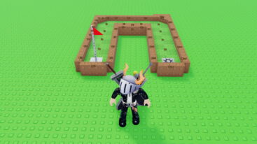 Roblox Build A Mini Golf Avatar Wearing Silver Helmet Black Clothes Two Giant Swords On Back Standing In Front Of U Shaped Mini Golf Course