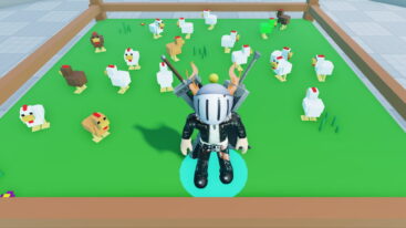 Roblox Chicken Incremental Avatar Wearing Silver Helmet Black Clothes Two Giant Swords On Back Surrounded By Different Colored Chickens