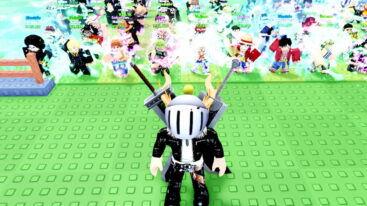 Roblox Craft Anime Avatar Wearing Silver Helmet Black Clothes And Two Giant Swords On Back Standing On Green Floor With Tons Of Anime Characters With A White Aura