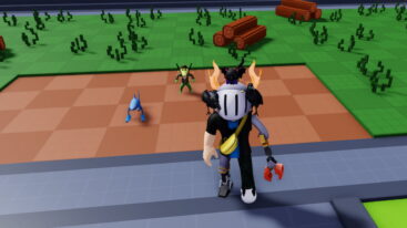 Roblox Craft A Brainrot Avatar Wearing Silver Helmet And Metal Claw Standing Before Two Tiny Brainrots And Logs