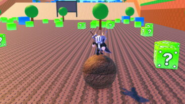 Roblox Crush Lucky Blocks For Brainrots Avatar Wearing Silver Helmet Black Clothes Two Giant Swords On Back Standing On Boulder Surrounded By Dirt And Green Question Mark Blocks