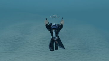 Roblox Dee Avatar Wearing Silver Helmet Black Clothes Amd Two Giant Swords On Back Swiming Upwards In Ocean