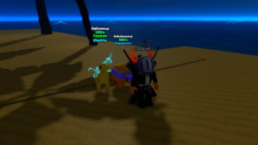 Roblox Dig All Dinos Avatar Wearing Silver Helmet Black Clothes Two Giant Swords On Back Near A Yellow Electric Dinosaur On A Beach Near Ocean And Palm Trees