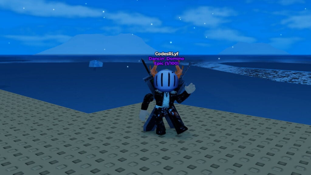 Super Free Kick Codes Sfk Football Soccer January 2026 Try Hard Roblox Emote RNG Avatar Wearing Silver Helmet Black Clothes And Two Giant Swords On Back Dancing On Beach Near Ocean 1024x576 