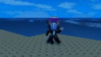 Roblox Emote Rng Avatar Wearing Silver Helmet Black Clothes And Two Giant Swords On Back Dancing On Beach Near Ocean