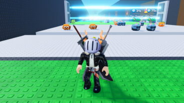 Roblox Escape Lasers For Brainrots Avatar Wearing Silver Helmet Black Clothes Two Giant Swords With Blue Laser Fence In Background With Brainrots Underneath