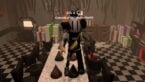 Roblox Fnaf Versus Avatar Wearing Silver Helmet And Claw Arm Standing On Table With Birthday Hates And Presents Speakers And Arcade Machines Behind
