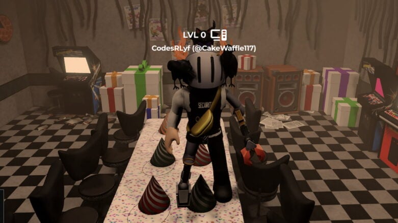 Roblox Fnaf Versus Avatar Wearing Silver Helmet And Claw Arm Standing On Table With Birthday Hates And Presents Speakers And Arcade Machines Behind