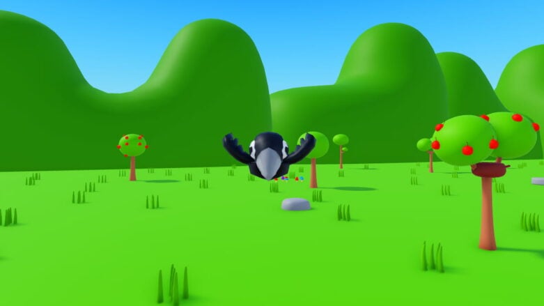 Roblox Farmer Vs Crows A Black Small Crow Flying Over Grass And Apple Trees