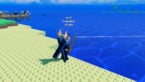 Roblox Heavyweight Fishing Avatar Wearing Silver Helmet With Black Clothes With Two Swords On Back Holding A Fishing Rod With A Line Cast Into The Ocean