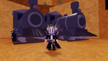 Roblox Infinity Train Avatar Wearing Silver Helmet Black Clothes And Two Giant Swords Standing In Front Of Two Giant Trains