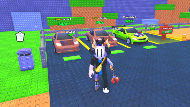 Make A Car Codes June 2026 Try Hard Guides Roblox Make A Car Avatar Wearing Silver Helmet And Claw Arm Standing In Front Of Three Cars Two Rusted And One Green Sports Car 616x347 