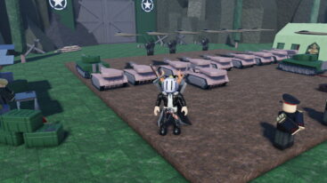Roblox Make A Military Army Avatar Wearing Silver Helmet Black Clothes Two Giant Swords On Back Standing Near Beige Tanks Green Tanks And Other Army Units