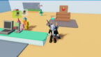 Roblox Mini Mart Together Avatar Wearing Silver Helmet Black Clothes Two Giant Swords On Back Standing Near Checkout And Tomato Stand Behind