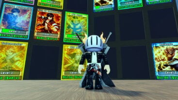 Roblox My Anime Collection Avatar Wearing Silver Helmet Black Clothing With Two Giant Swords On Back Standing Before Giant Card Book Filled With Anime Cards
