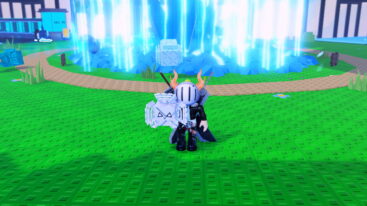 Roblox My Cubis Farm Avatar Wearing Silver Helmet Black Clothes And Two Giant Swords On Back Holding A White Cubis With Triangle Eyes Standing On Grass In Front Of Blue Aura Lines
