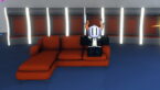 Roblox Nba Heroes Avatar Wearing Silver Helmet Black Clothes Sitting Down A Red Sofa With Lockers Behind